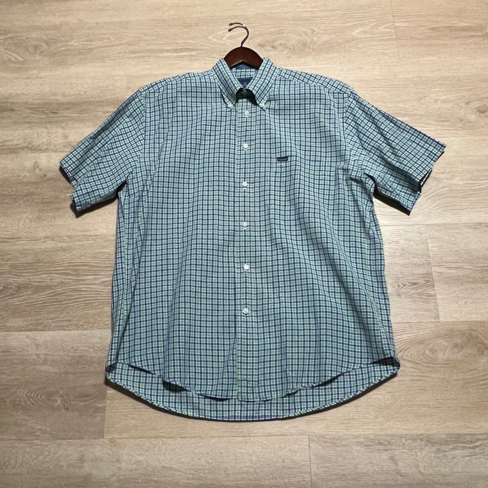 Faconnable Mens Large Green Blue Plaid Short Sleeve Button Down Shirt USA Made - Picture 4 of 10